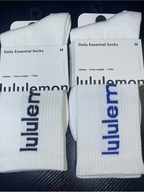 Lemon Daily Essential Crew Socks — White with Black and Blue Logos